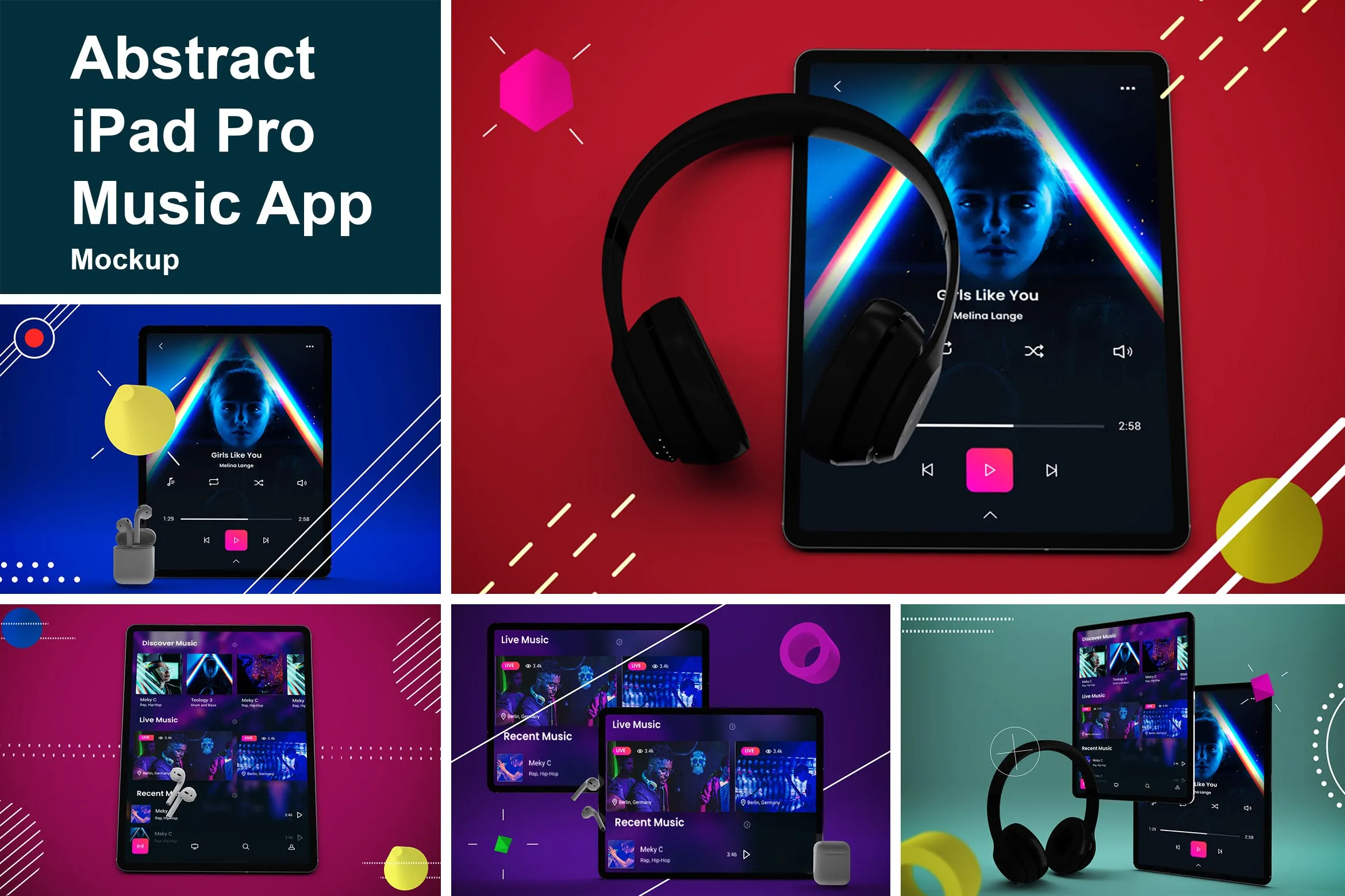 抽象设计风格iPad Pro平板电脑APP设计屏幕预览样机 Abstract iPad Pro Music App