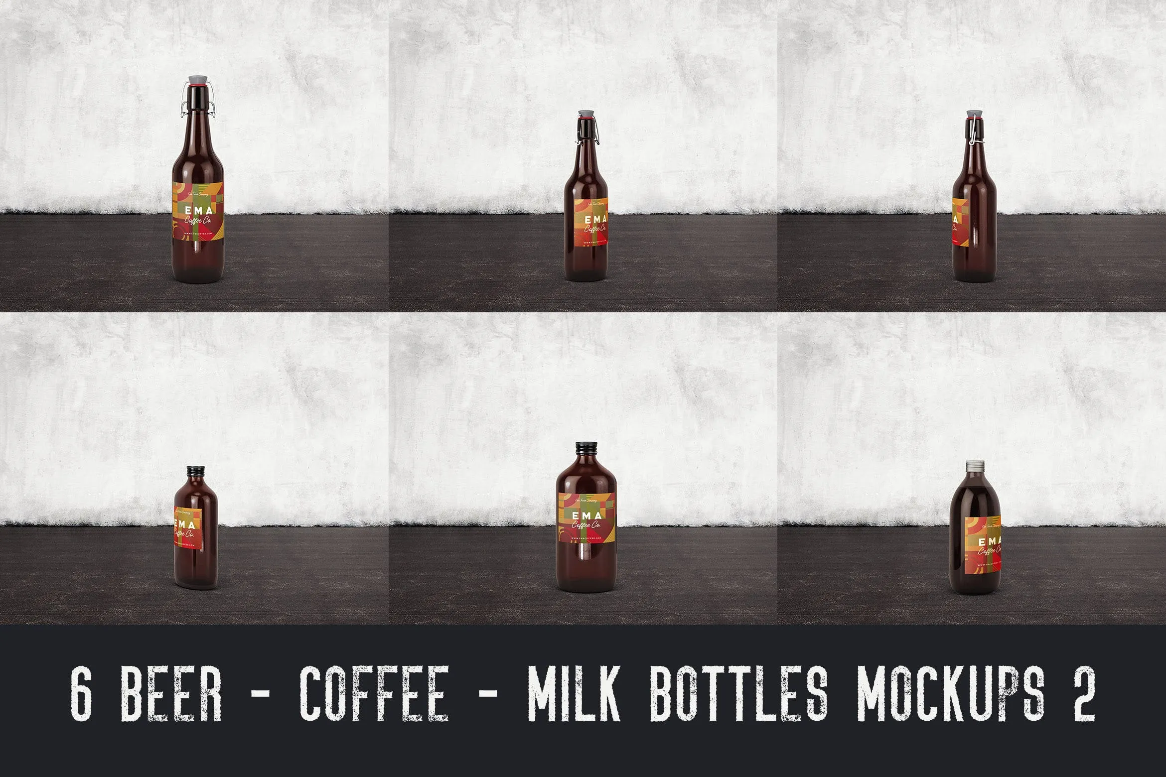 6个啤酒/咖啡/牛奶瓶外观设计像素设计精选v2 6 Beer Coffee Milk Bottles Mockups 2