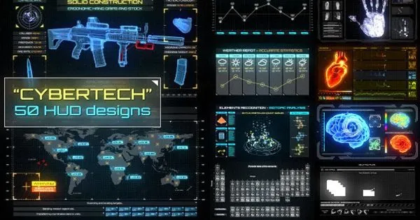 数码科技信息动画视频设计像素设计精选AE模板 CyberTech HUD Infographic Pack
