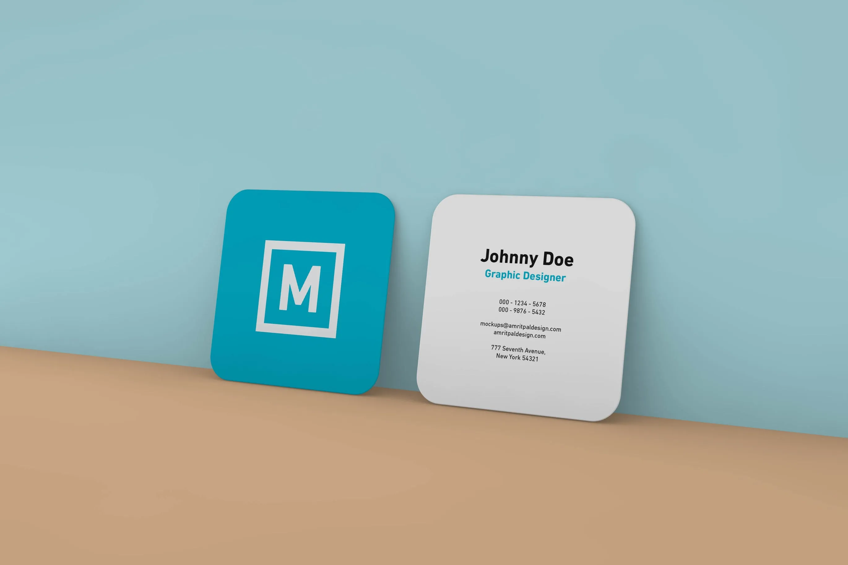 圆角正方形名片设计效果图像素设计精选模板 Rounded Square Business Card Wall Mockup