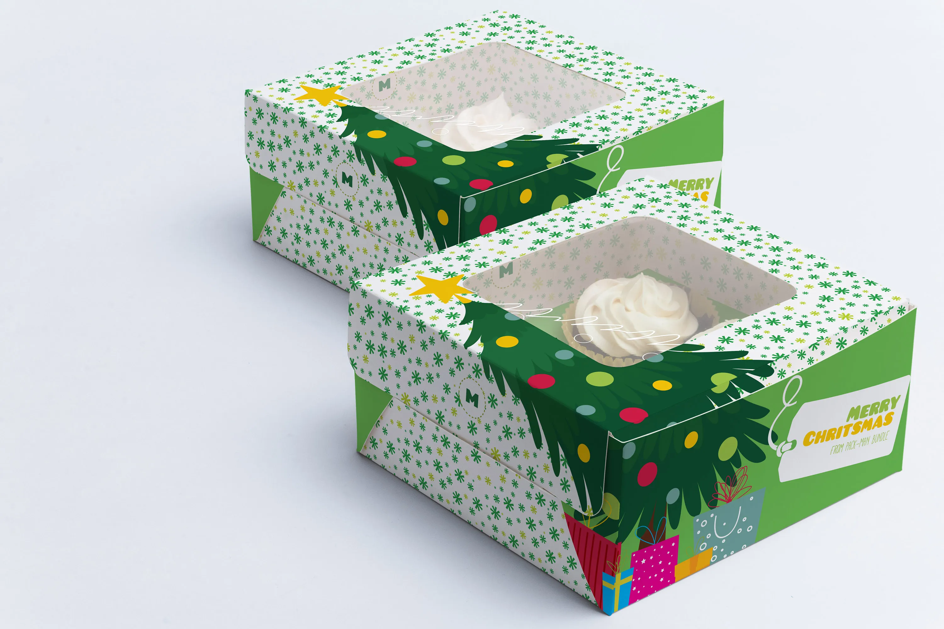 四个装纸杯蛋糕甜品礼盒包装设计样机03 Four Cupcake Box Mockup 03
