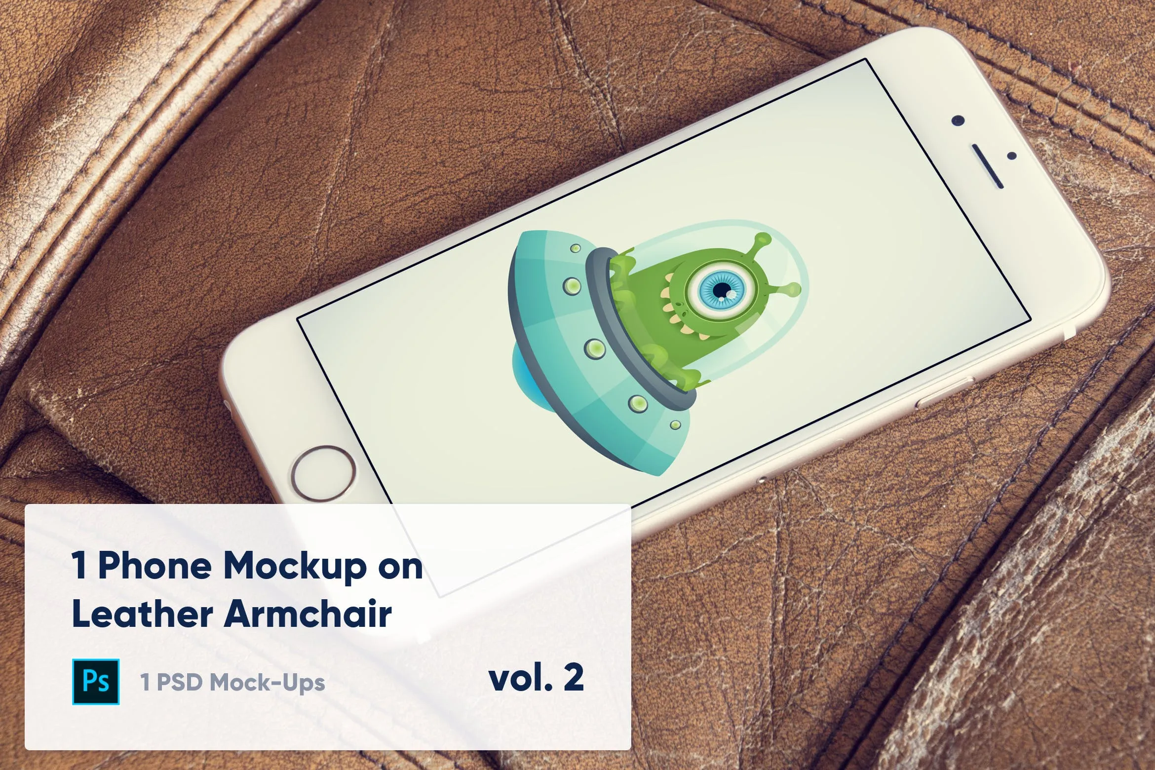 皮革扶手椅上iPhone手机UI设计演示像素设计精选样机模板v1 1 Phone Mockup on Leather Armchair Vol. 1