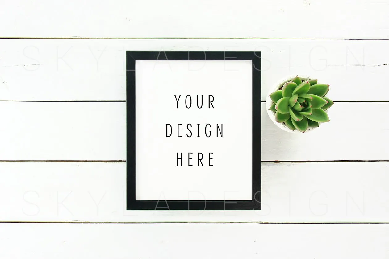 黑色实木框画框相框样机 Black picture frame mockup flatlay