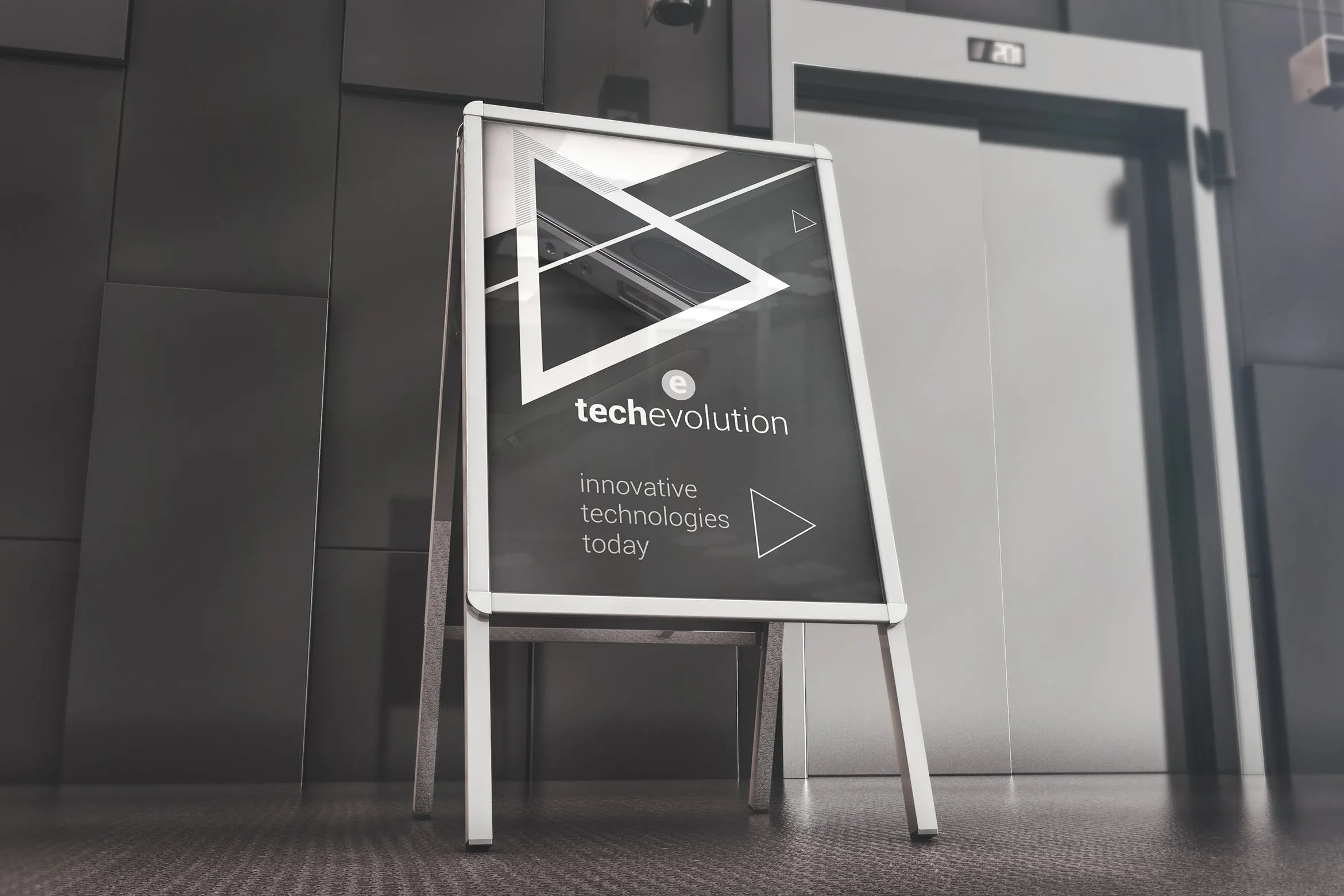 办公室大厅广告牌木架海报张贴效果图样机模板 Office Hall Advertising Mockup