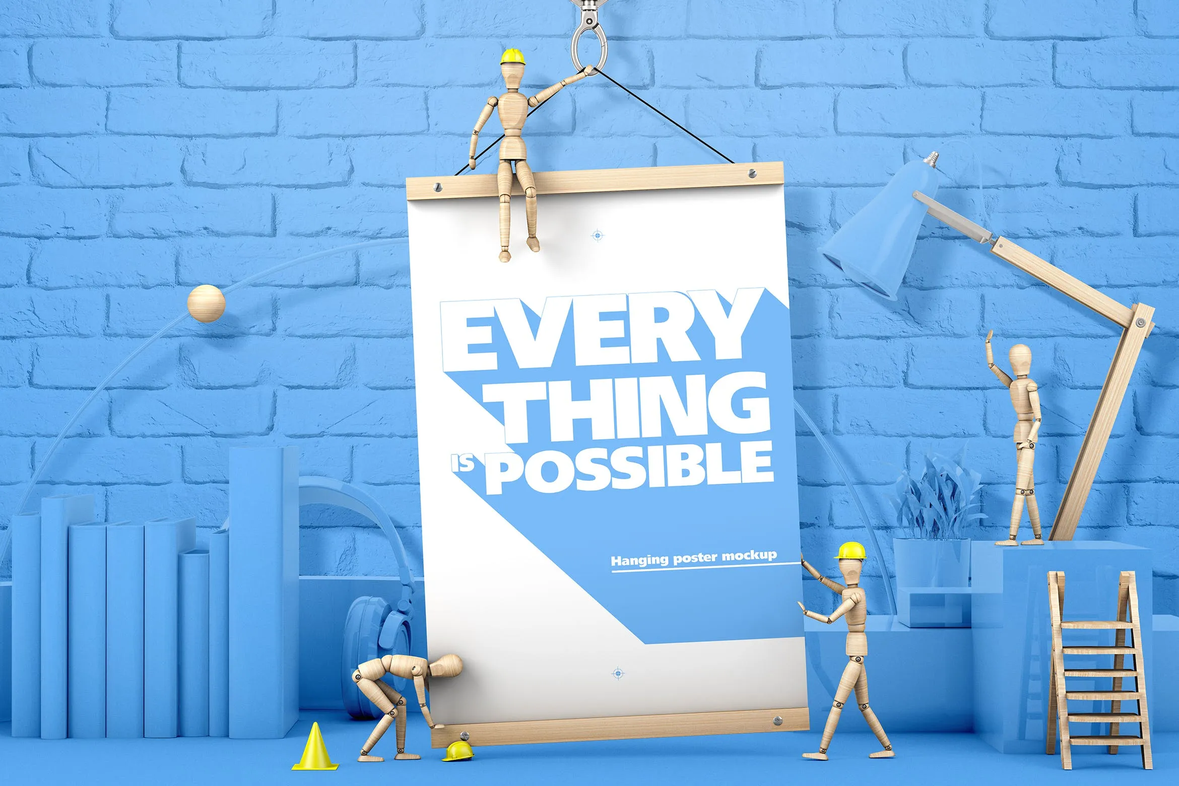 木偶悬挂海报场景海报效果图样机像素设计精选模板 Hanging Poster With Wooden Men Mockup