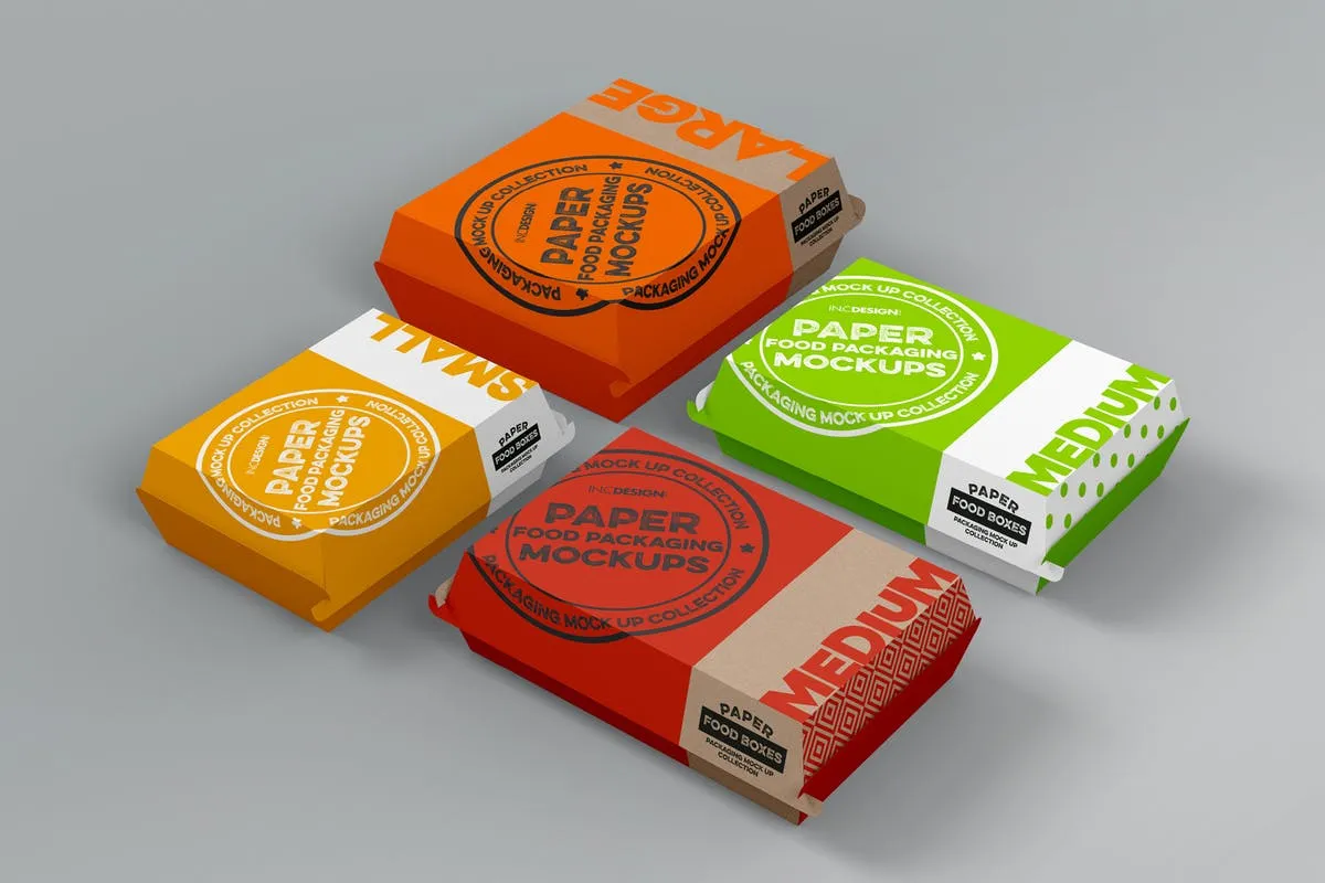 纸质翻盖外卖包装样机 Paper Clamshell Takeout Packaging Mockups