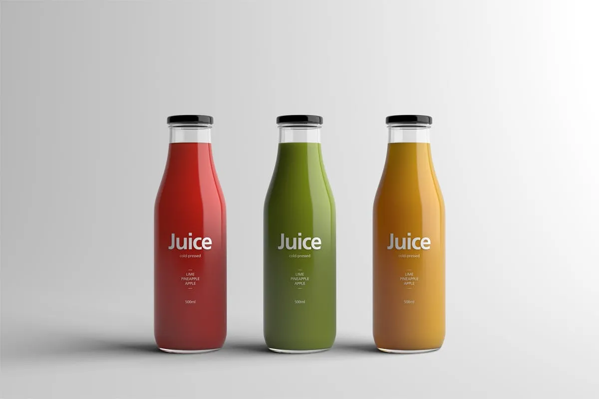 果汁玻璃瓶外观设计样机模板 Juice Bottle Packaging Mock-Up