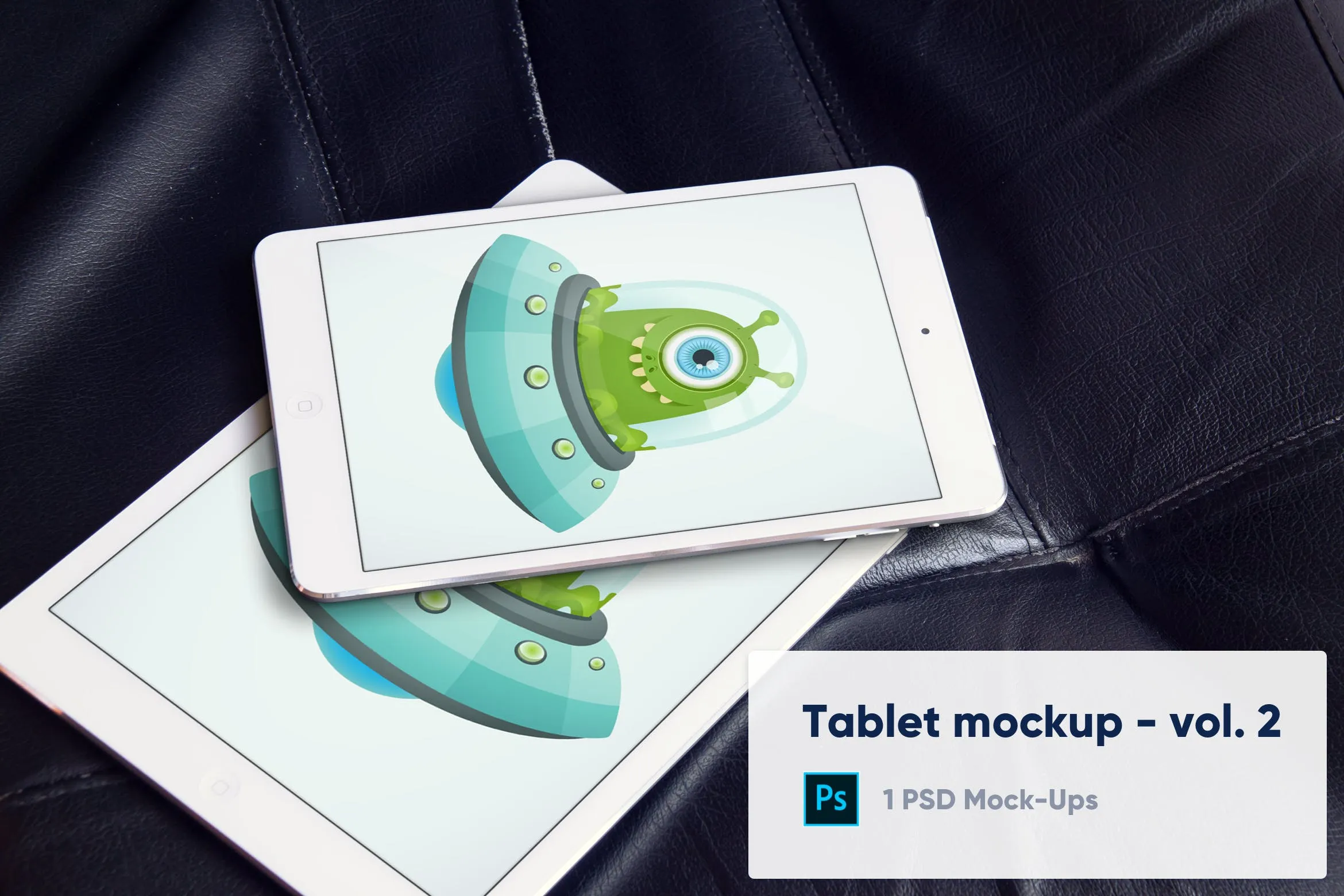 黑色皮革背景iPad平板电脑产品设计演示像素设计精选样机v2 Tablets Mockup on Black Leather Background  Vol. 2