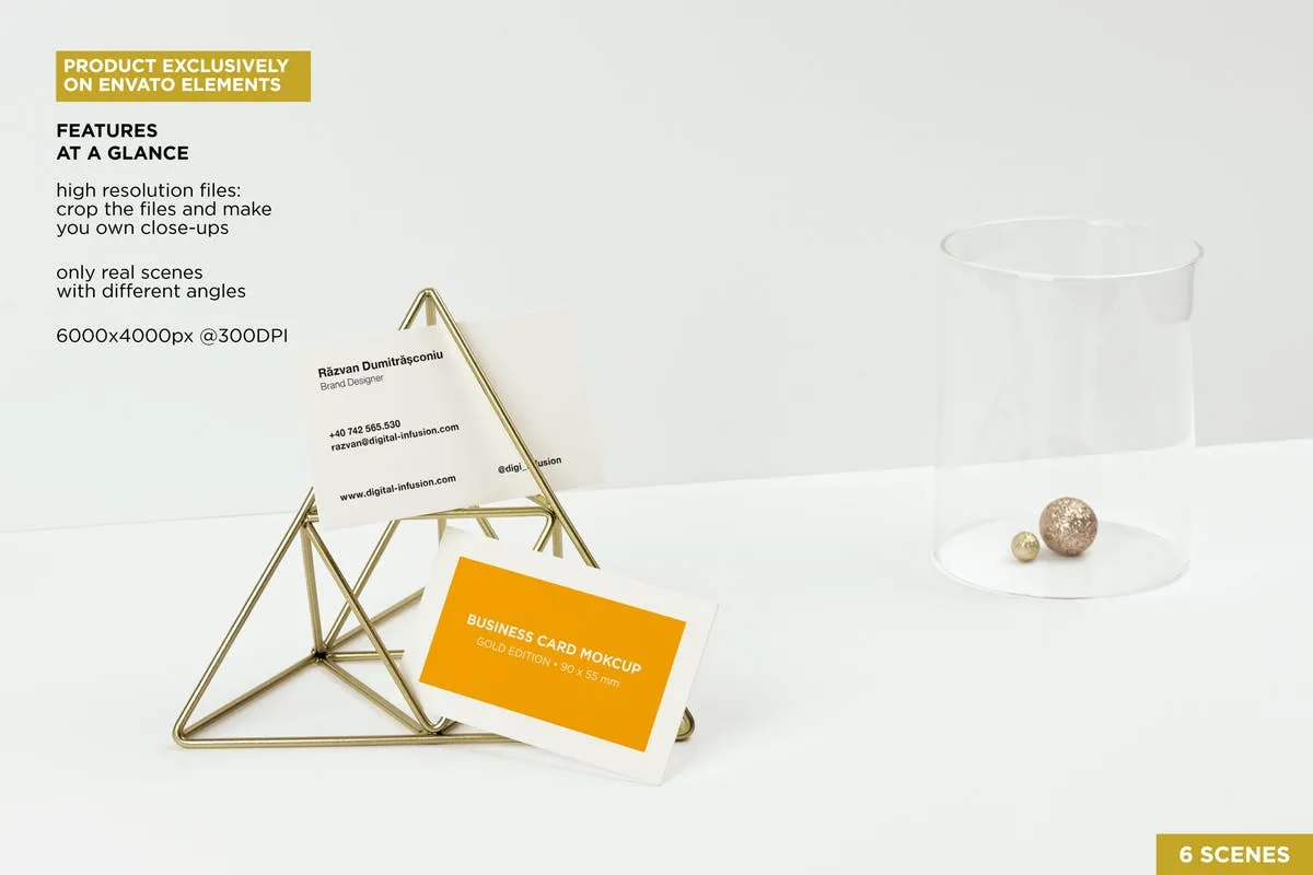 金属三脚架企业名片展示样机 Business Cards Gold Scene