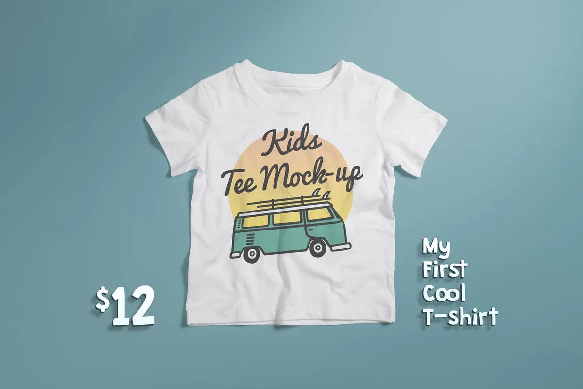 儿童版圆领T恤服饰印花设计样机素材 Crew Neck T-shirt Mock-up Kids Version