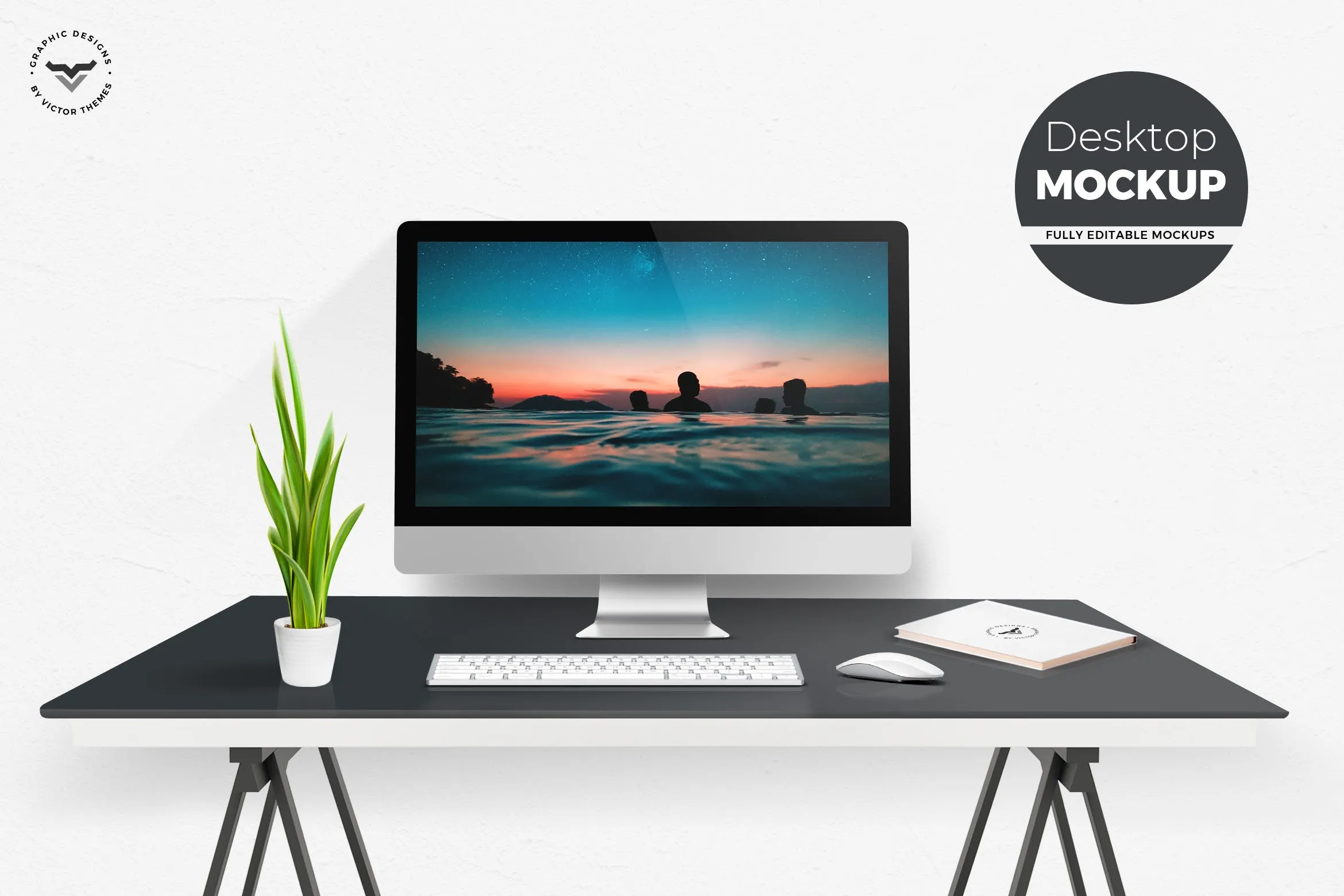 现代简约办公桌场景一体机电脑像素设计精选样机模板 Desktop Mockups with Table