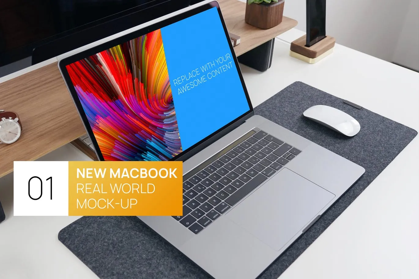 现代简约风办公桌MacBook Pro电脑像素设计精选样机 New MacBook Pro Touchbar Real World Mock-up