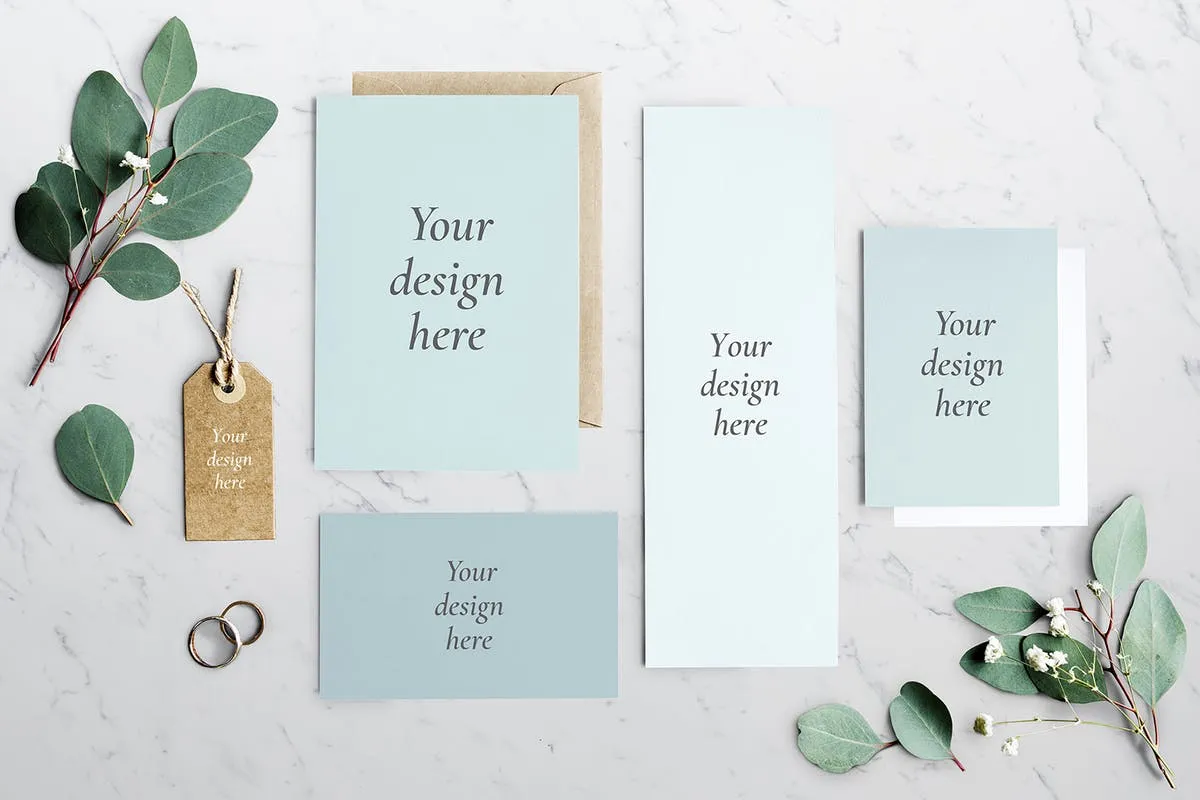 绿叶装饰婚礼邀请函样机套装 Wedding Invitation Mockup