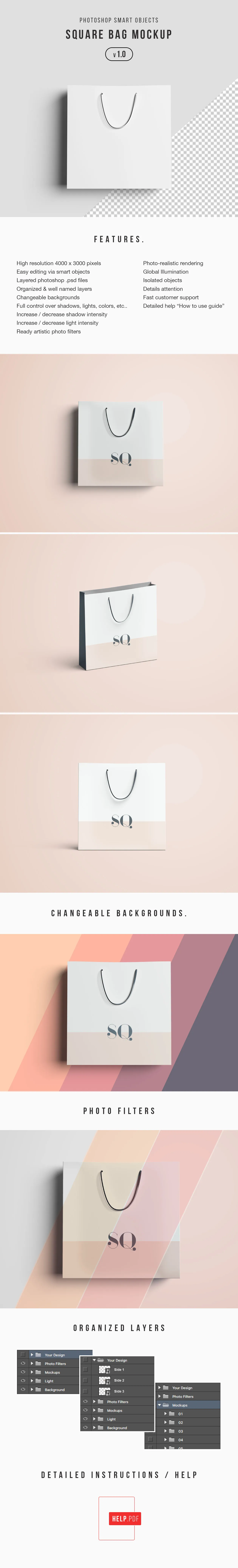 方形购物袋制作设计图样机模板 Square Bag Mockup