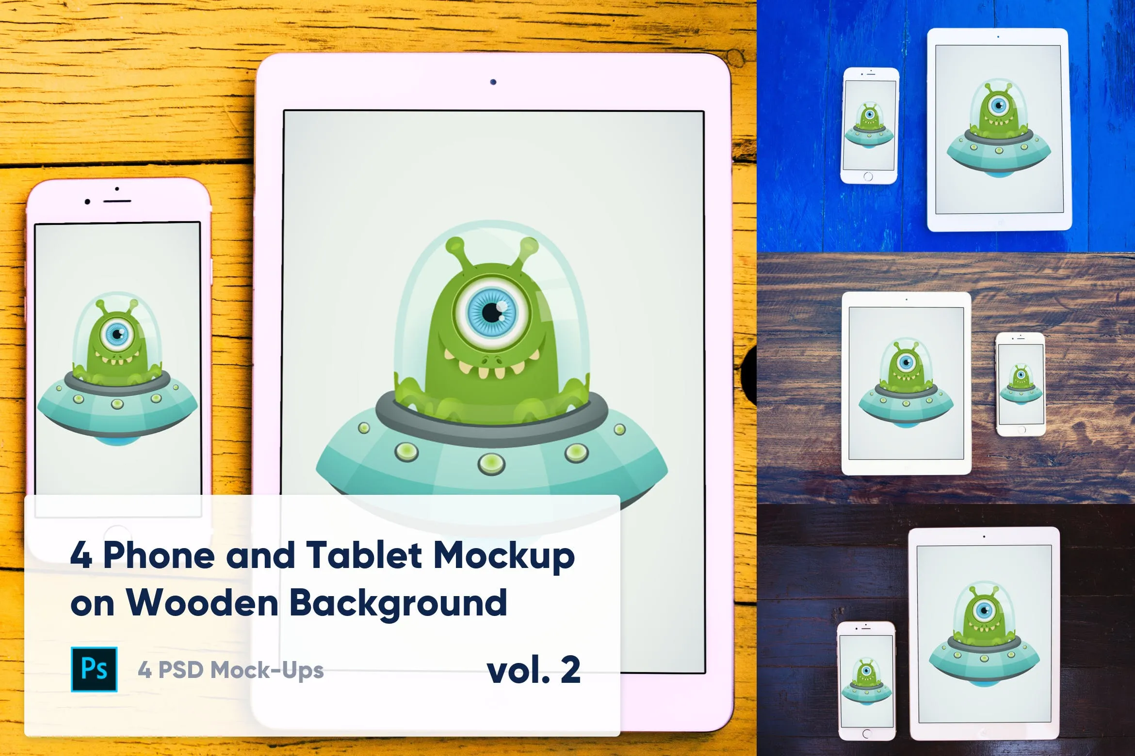 木制背景平板电脑amp;手机像素设计精选样机模板v2 4 Tabletamp; Phone Mockup on Wooden Background Vol.2