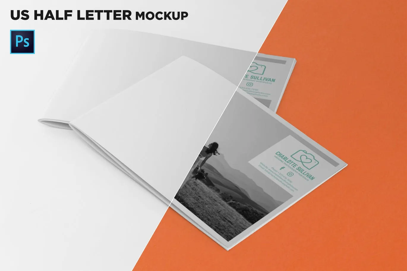 美国信纸尺寸宣传册叠放效果图样机像素设计精选 US Half Letter 2 Covers Brochure Mockup