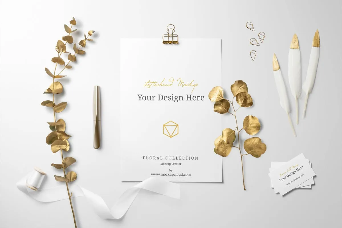 金色箔片花卉品牌样机模板 Golden Floral Branding Mockup
