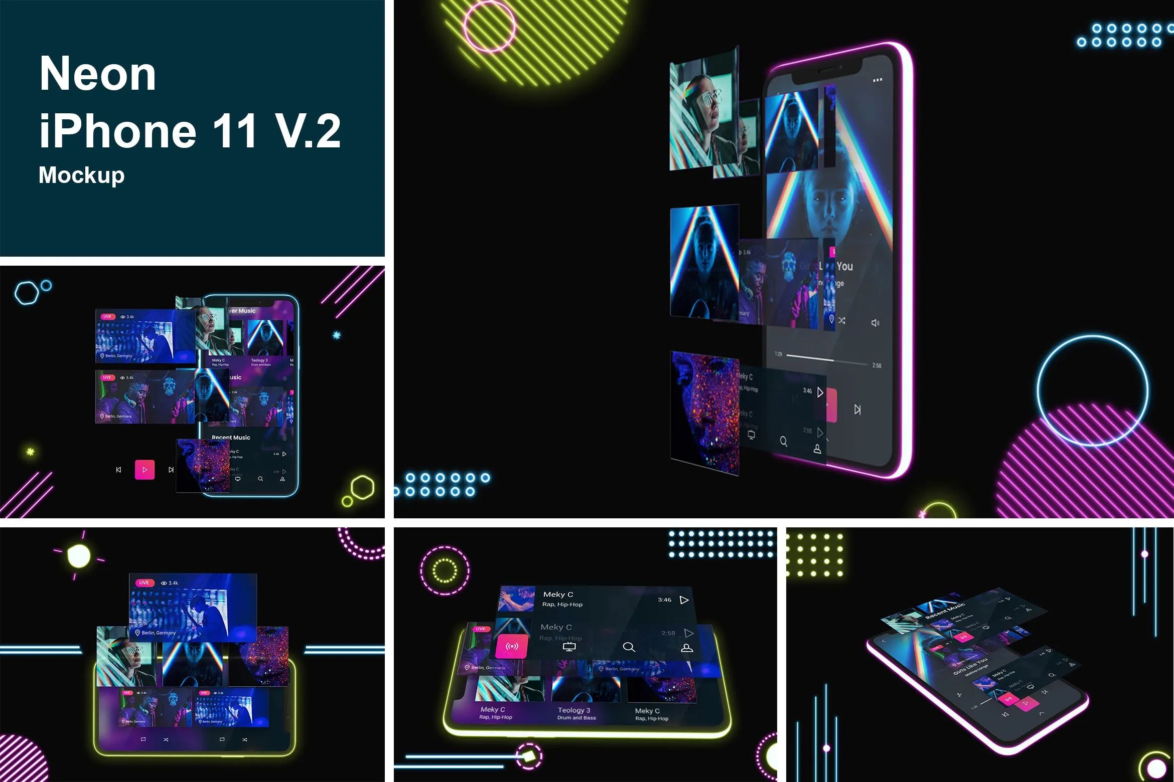 霓虹灯背景iPhone 11手机屏幕预览像素设计精选样机模板v2 Neon iPhone 11 Mockup V.2