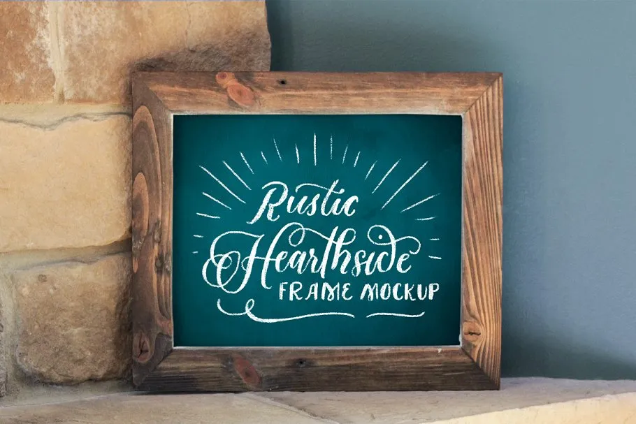 西式壁炉画框样机木板 8#215;10 Rustic Hearthside Frame Mockup