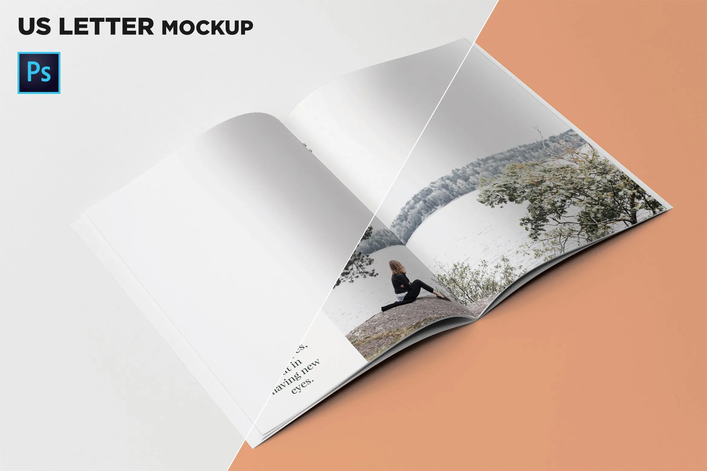 45度角视觉美国信纸规格宣传册内页版面效果图样机像素设计精选 US Letter Brochure Mockup 45 Degree