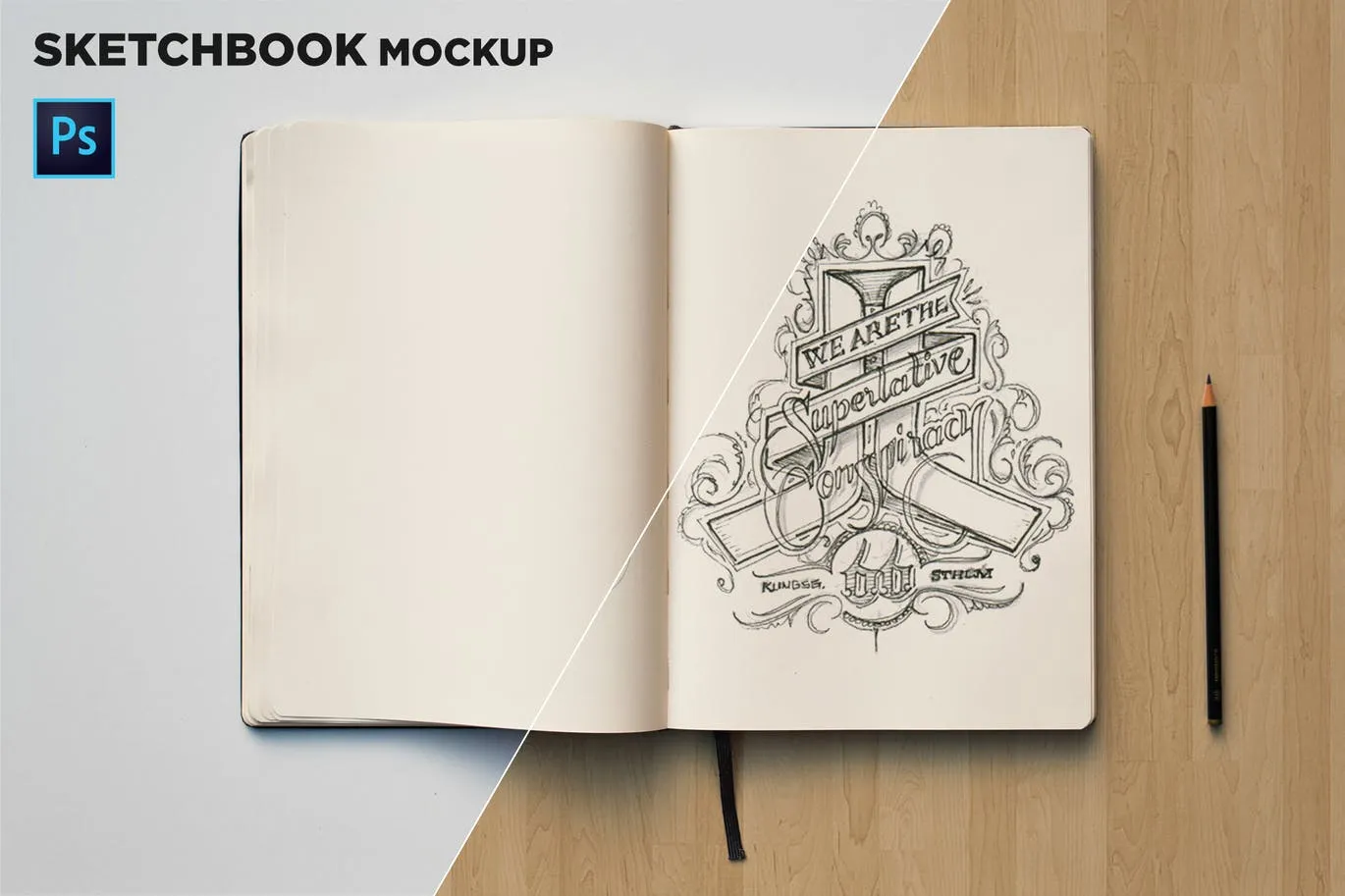 素描本内页设计/艺术作品展示顶视图样机像素设计精选 Sketchbook Mockup Top View
