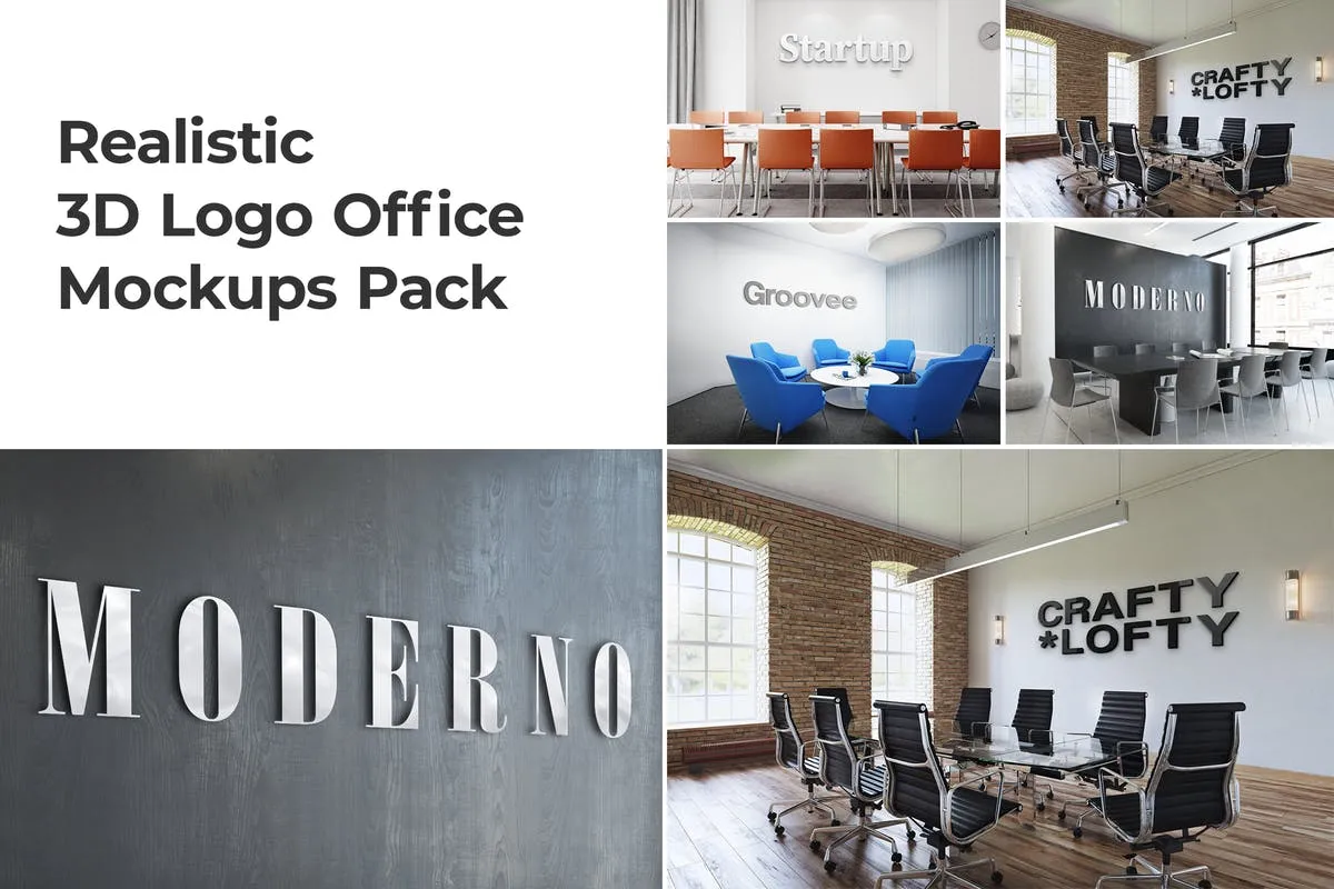 3D办公会议室Logo墙场景样机Vol.1 3D Logo Office Mockups Pack Vol 1