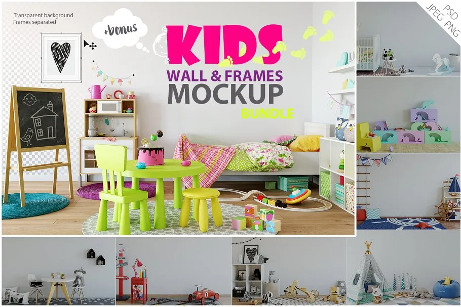儿童主题室内墙纸设计展示和相框画框样机 Kids Interior Wallamp; Frames Mockup 1