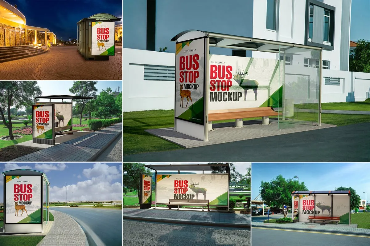 巴士公交站台灯箱广告牌样机 Bus Stand Mockups