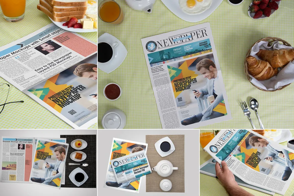 早餐读报场景报纸广告设计样机 Newspaper Ad Design Mockups