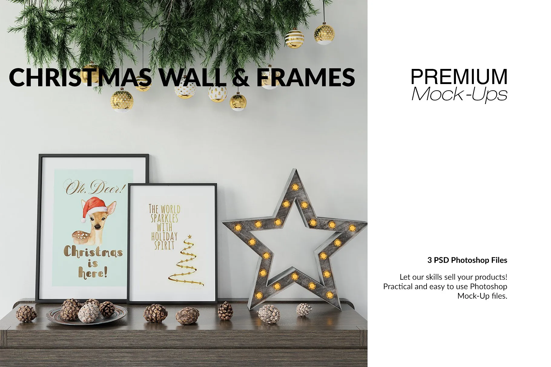 高品质的圣诞节画框框架和墙壁装饰展示样机 Christmas Framesamp; Wall Set [psd,jpg]