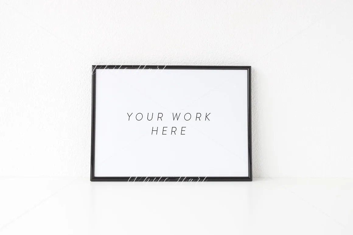 艺术画作横向黑色A4画框展示样机模型 Landscape black A4 frame mock up