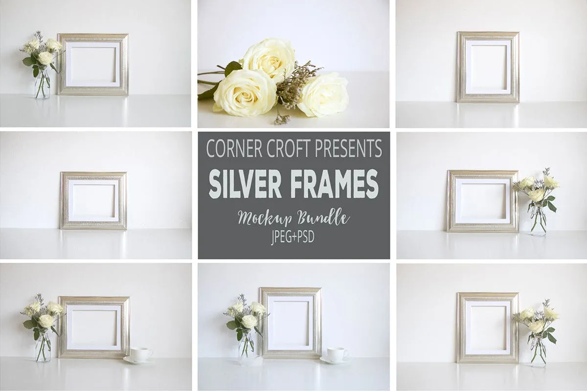银色金色框艺术作品照片展示样机 Silver photo Frame Mockup Bundle