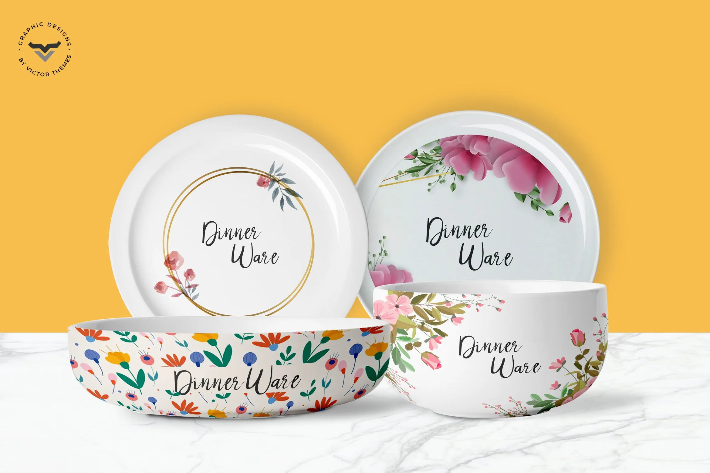 晚餐碗碟印花图案设计像素设计精选 Dinner Set Mockup Template