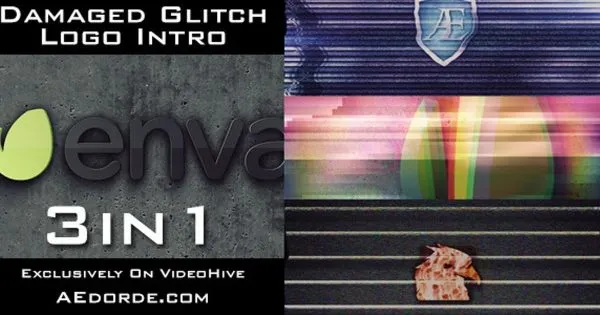 失真特效视频Logo演示像素设计精选AE模板 Damaged Glitch Logo Intro#8211; 3in1 Pack