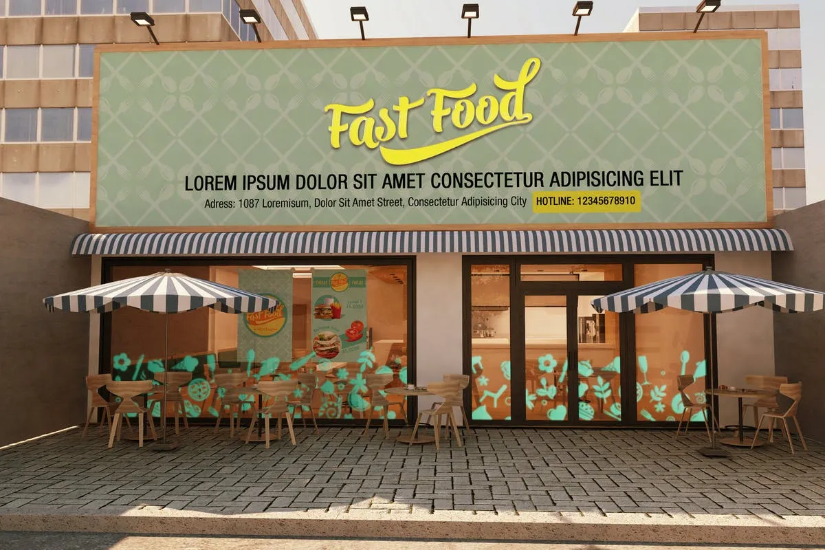 快餐店餐厅广告招牌商标样机 The Mockup Branding For Fast Food Outlets