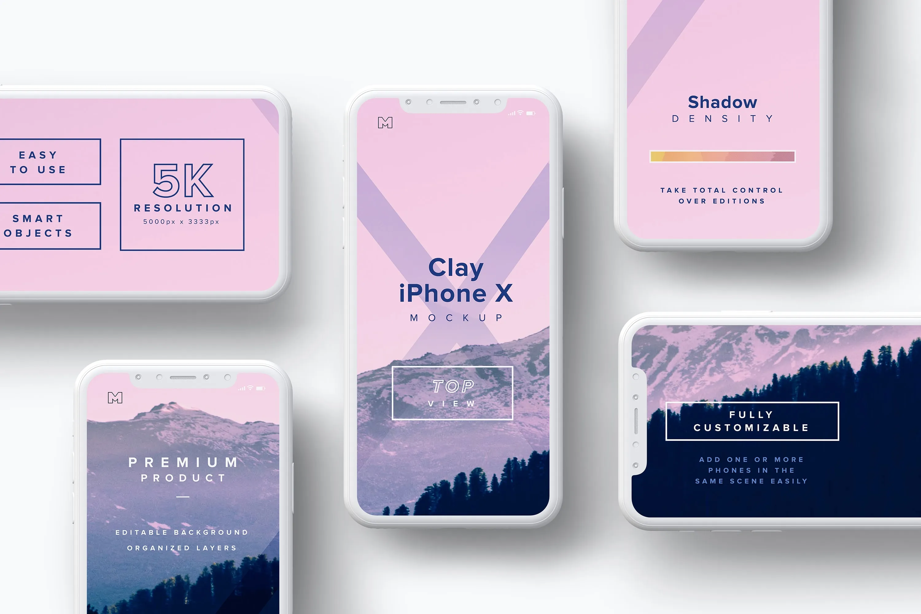 iPhone X智能手机屏幕界面设计多屏预览效果等距网格样机08 Clay iPhone X Mockup 08