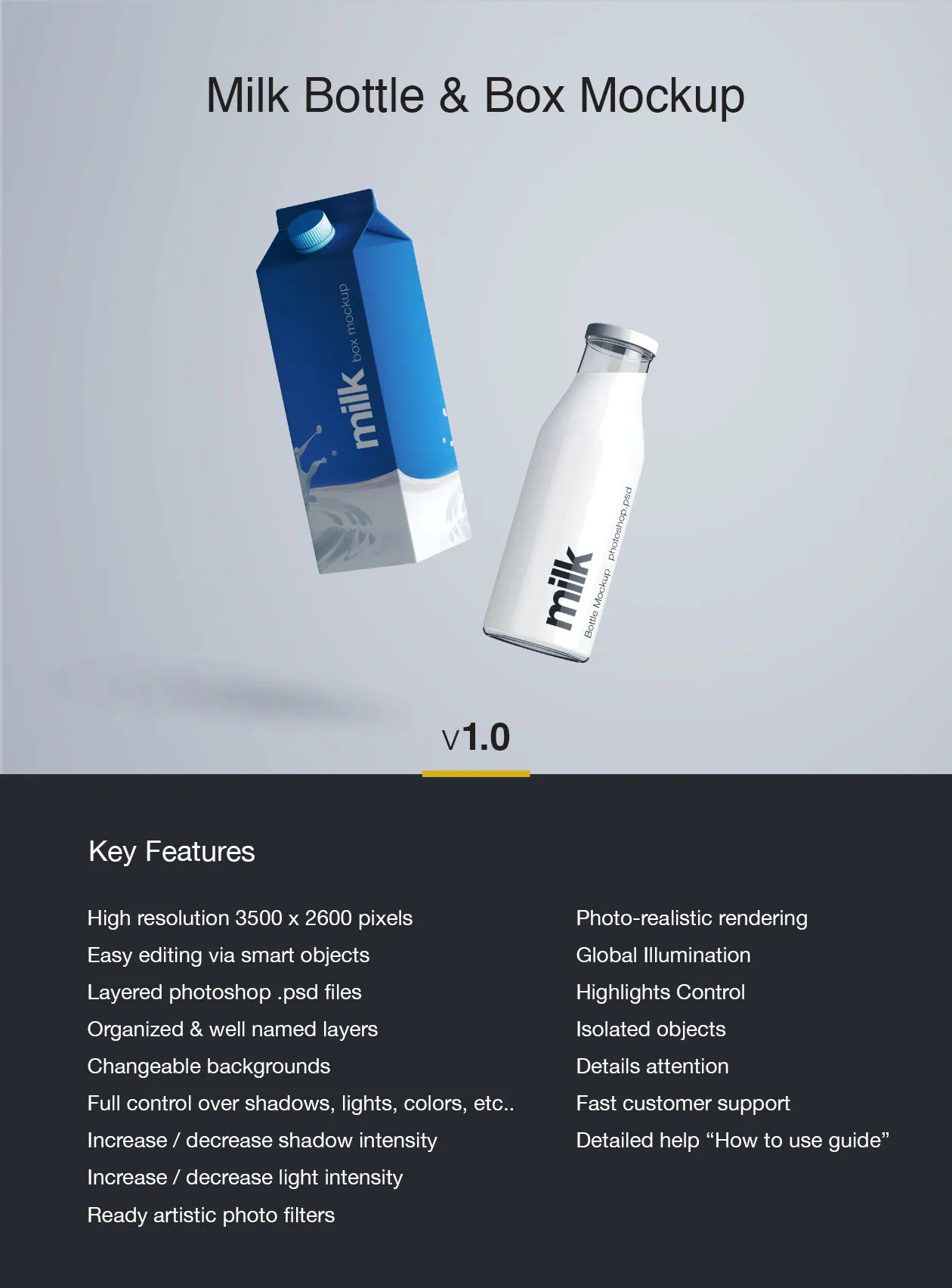 牛奶盒amp;牛奶瓶外观设计PSD样机模板 Milk Bottle Mockup#8211; PSD