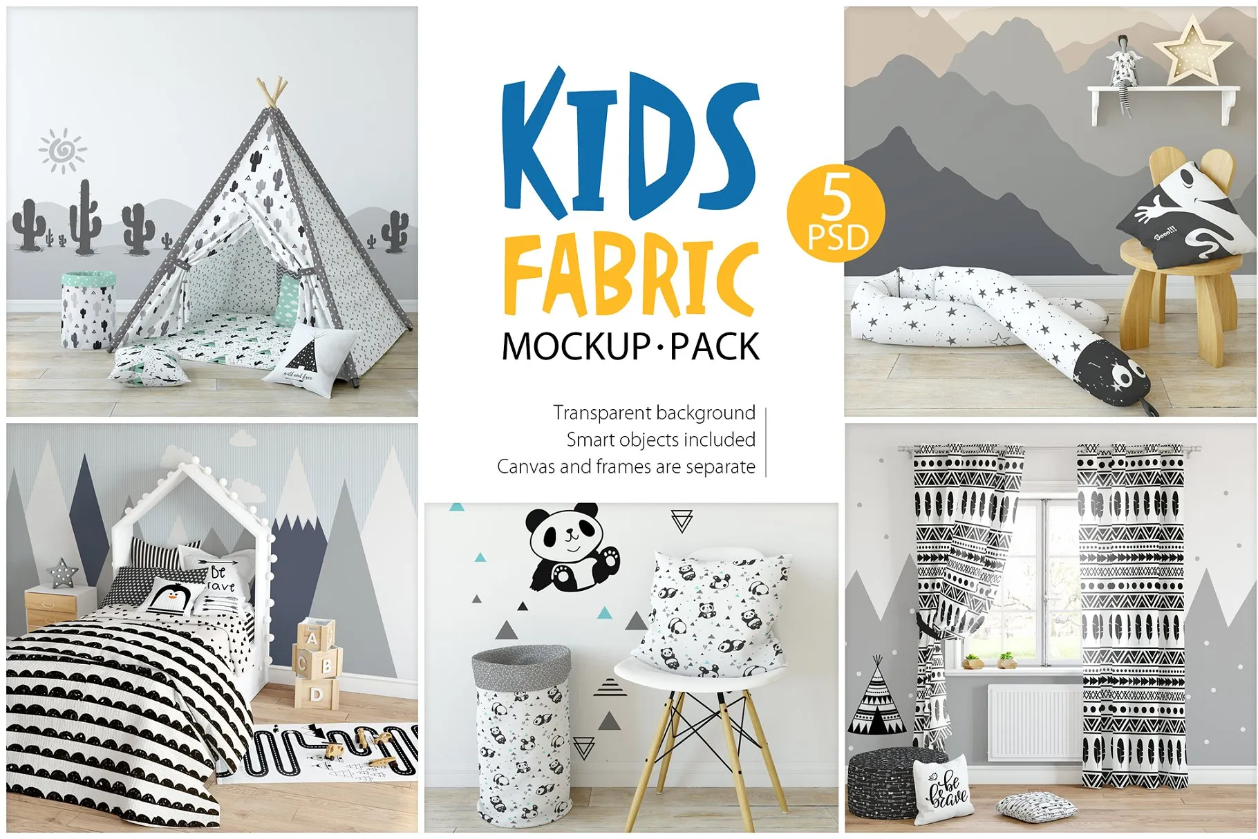 儿童室内织物样机模板 KIDS Interior Fabric Mockup Pack#8211; 1