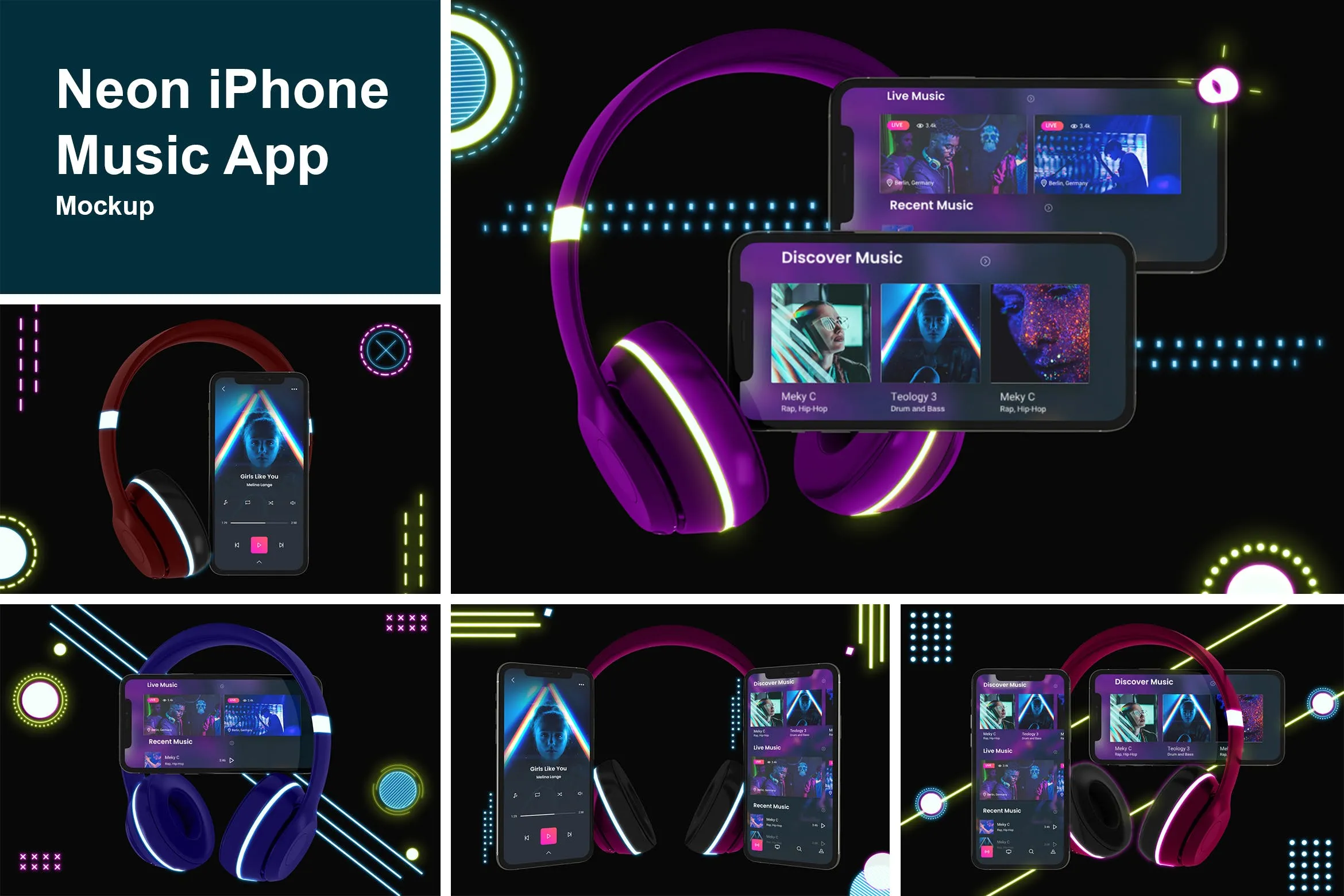 霓虹灯设计风格iPhone手机音乐APP应用UI设计图像素设计精选样机 Neon iPhone Music App Mockup