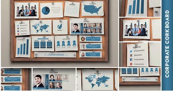 木塞图钉便签动画企业宣传视频像素设计精选AE模板 Corporate Corkboard Presentation