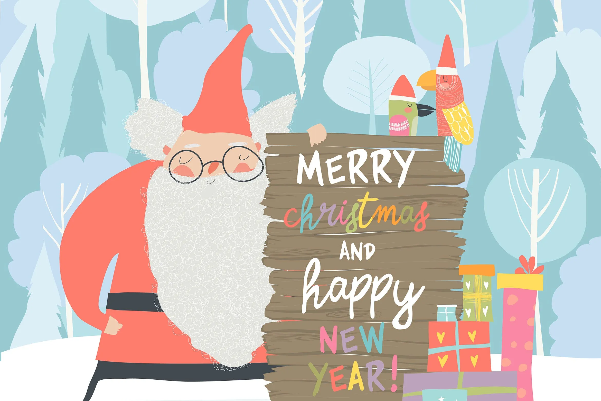 圣诞老人amp;圣诞节庆祝主题矢量手绘插画 Santa Claus celebrating Christmas. Vector illustra