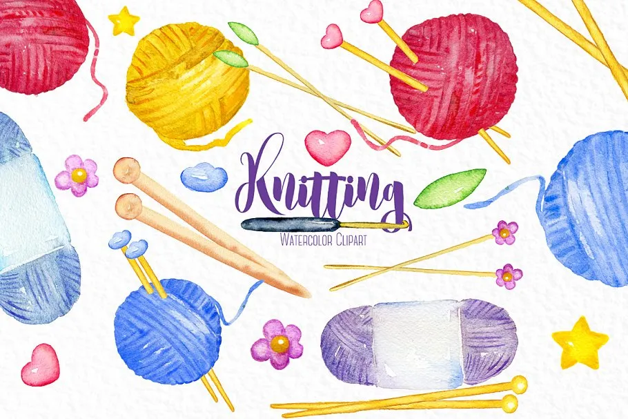 针织毛线水彩剪贴画图案 Knittings watercolor clipart