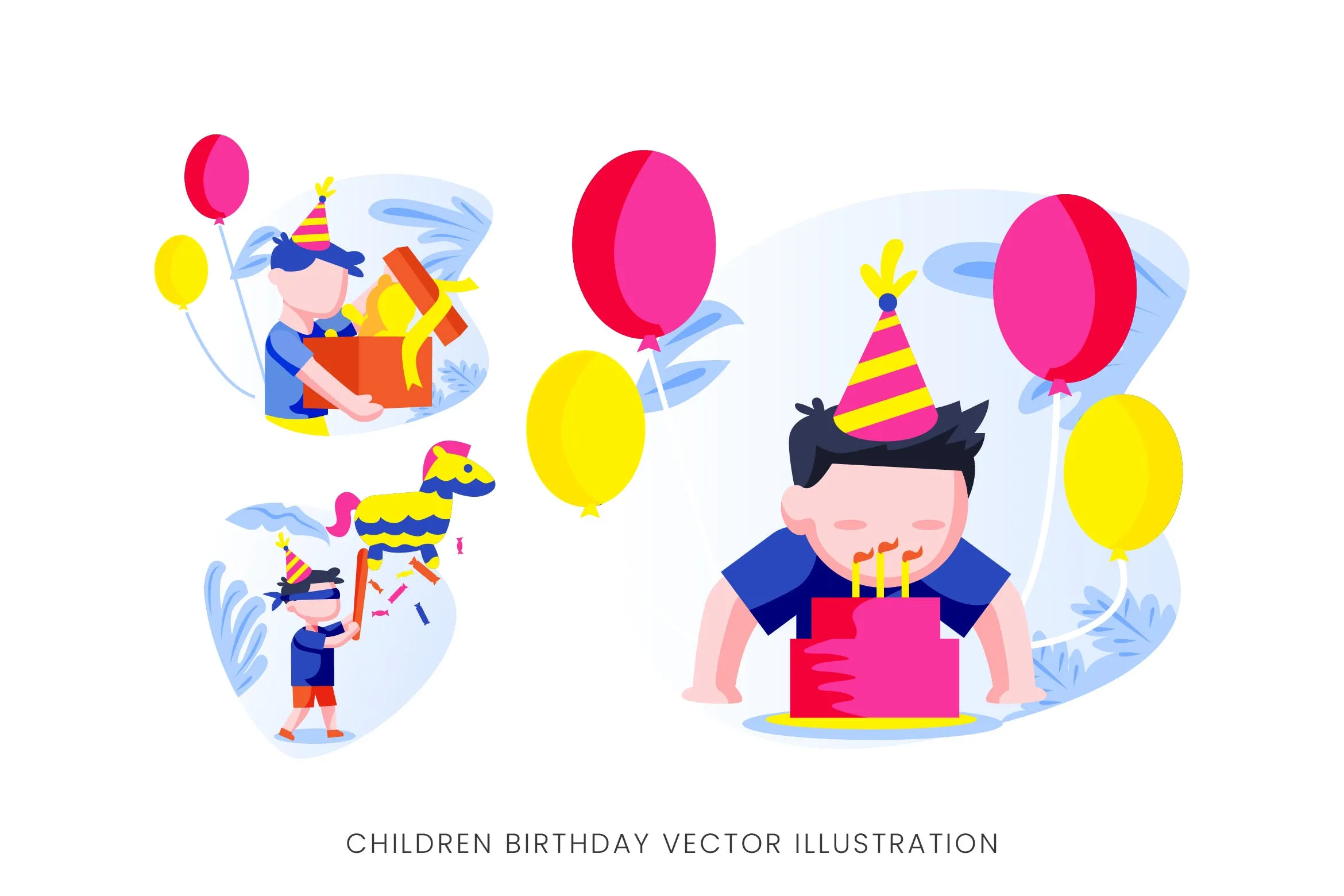 儿童生日派对人物形象像素设计精选手绘插画矢量素材 Children Birthday Party Vector Character Set