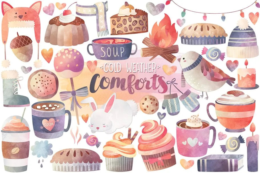 秋冬主题水彩剪切画（39款独立元素） Watercolor Autumnamp; Winter Clipart