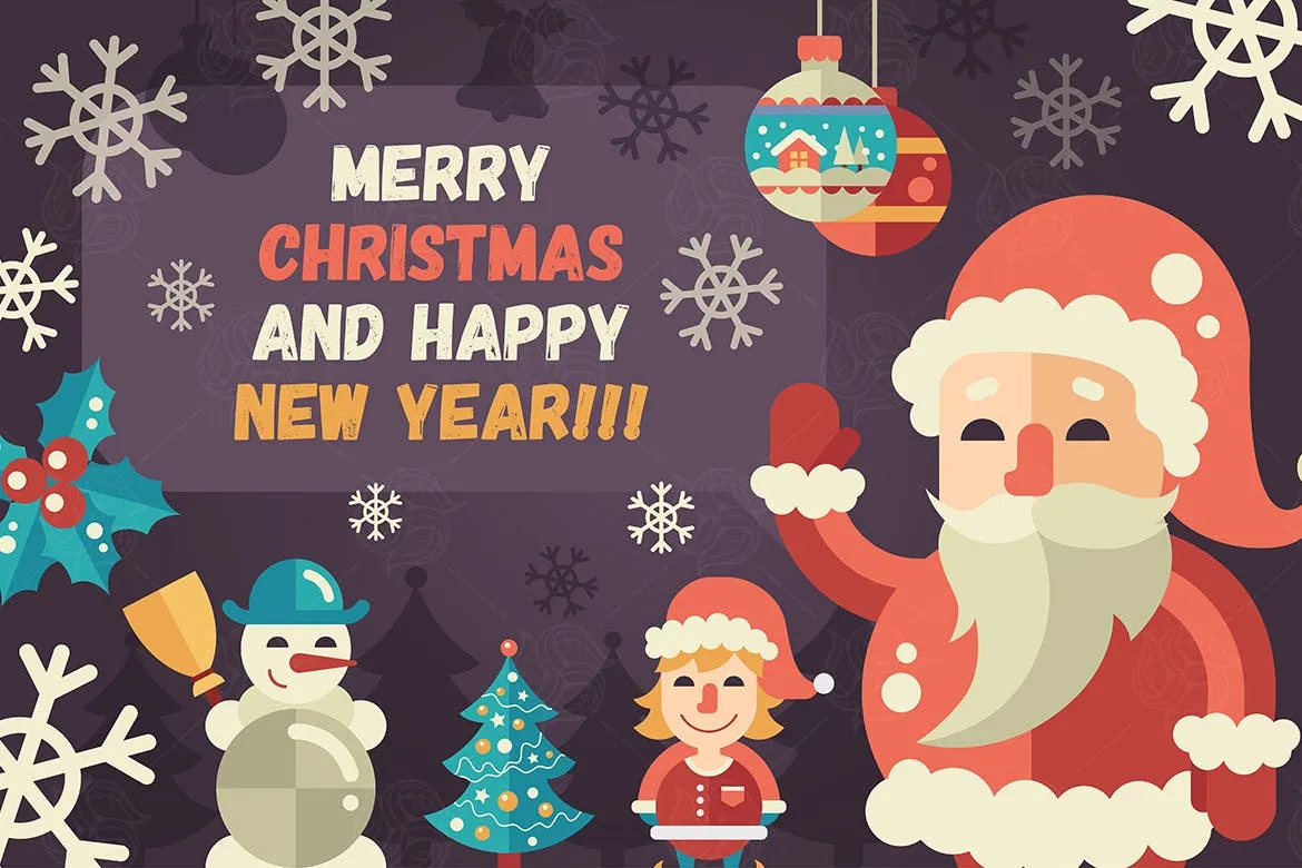 圣诞节amp;新年贺卡矢量手绘模板 Merry Christmas, Happy New Year Greeting Card