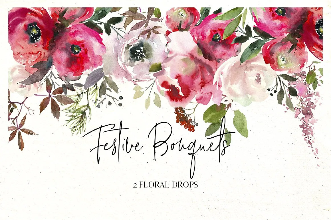 节日水彩花卉花束插画 Festive Bouquets Watercolor Flowers插图(6)