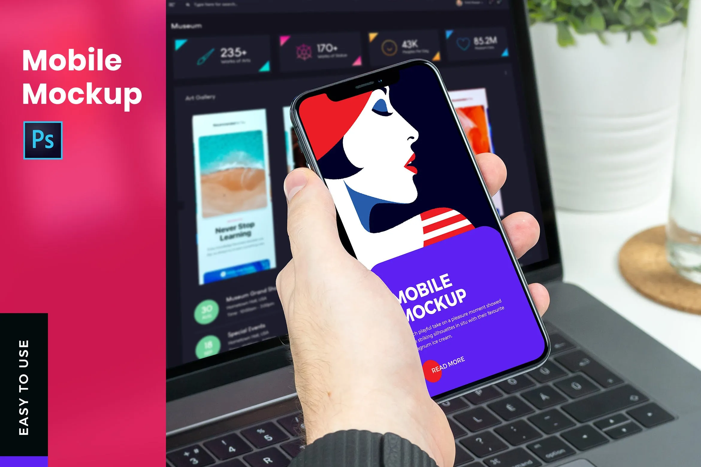 手持全面屏手机UI设计演示像素设计精选样机模板 Mobile With Hand Mockup