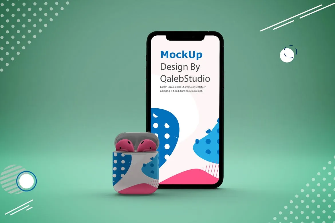 抽象设计风格iPhone 11手机&AirPods耳机素材库精选样机模板 Abstract iPhone 11 & AirPods Mockup插图(3)