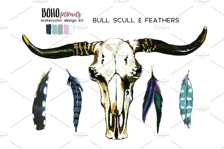 波西米亚风白色&粉色牡丹水彩剪贴画 Boho White Pink Peonies Watercolor插图(6)