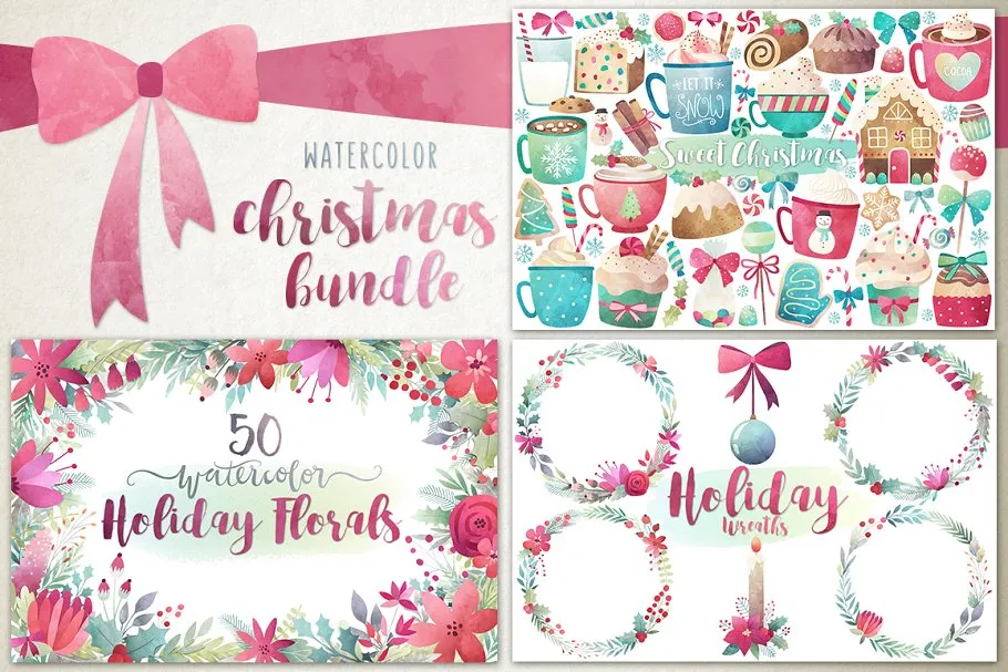 水彩圣诞元素插画 Watercolor Christmas Bundle